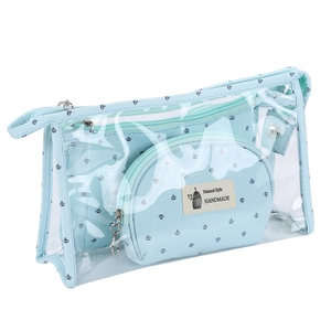Three-piece set of clear PVC and light blue crown pattern travel cosmetic bags
