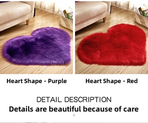 Close-up of soft plush heart-shaped rugs in purple and red for cozy home decor