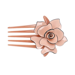 Detailed view of a pink resin rose hair comb with five teeth and black trimmed edges