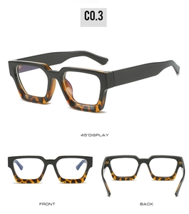Detailed multi-angle view of retro square eyeglasses frame with leopard tortoise pattern