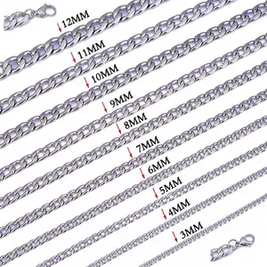 Titanium steel NK hip hop necklace width comparison chart showing sizes from 3mm to 12mm