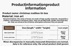 Detailed size chart for Christmas tinplate mailbox gift box measuring 13x8x9.5cm