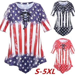 Women's Casual V Neck Lace Up American Flag Print T-Shirt Loose Short Sleeve Patriotic Summer Top Independence Day Tee