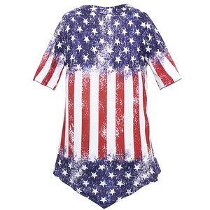 Detail of distressed American flag print and asymmetric handkerchief hem on T-shirt