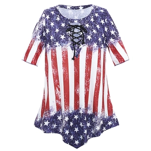 Women's V-neck lace-up short sleeve top featuring a vintage American flag print design