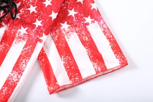 Detail of the American flag print V-neckline with black lace-up drawstring and metal eyelets