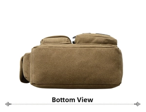 Detail view of the flat rectangular base of this khaki canvas crossbody bag for men