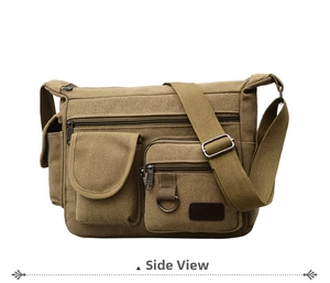 Detail view of khaki canvas messenger bag with multiple pockets and metal hardware