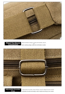 Detail of durable metal hardware and adjustable nylon shoulder strap on canvas bag