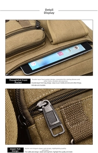 Detail of khaki canvas bag showing dual front pockets and metal zipper hardware