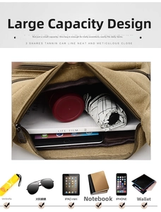 Detailed internal storage of khaki canvas chest bag showing space for iPad and essentials
