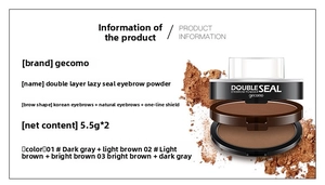 Detailed view of dual-color eyebrow powder palette with stamp brush and 3 brow shapes