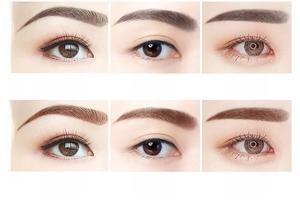 Detail showing dual-color eyebrow powder effects in dark gray and light brown styles