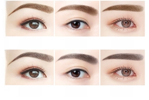 Waterproof eyebrow powder kit showing light brown and dark grey shades in three brow styles
