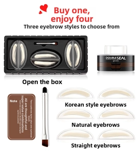 Detail of waterproof eyebrow stamp kit with two-tone powder and three stencil shapes