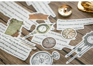 Close-up of vintage clock stickers and antique handwritten notes on a wooden background