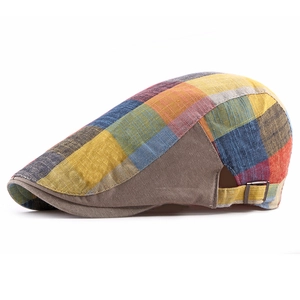Unisex colorful plaid flat cap with breathable cotton-linen fabric and metal adjustment buckle