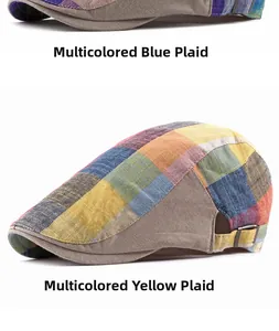 Detail view of colorful plaid ivy caps featuring adjustable buckles and cotton-linen texture