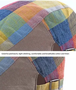 Detail of colorful plaid patchwork hat showing precise stitching and breathable fabric