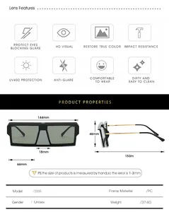 Detailed size chart for square frame sunglasses with frame width and lens dimensions