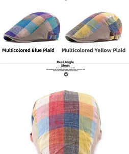 Detail view of breathable plaid flat cap fabric with metal adjustable side buckle