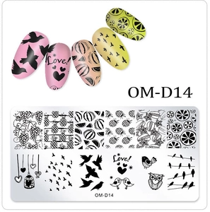 Detail of OM-D14 nail stamping plate with fruit and animal motifs and finished nails