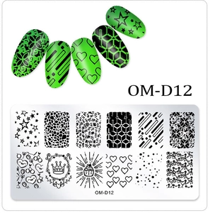 Detail of OM-D12 nail art stamping plate with patterns and sample manicure effects