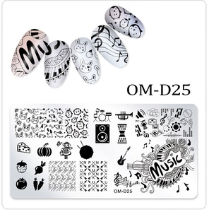 Detailed view of rectangular nail art stamping plate with music and animal patterns