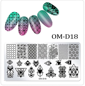 Macro shot of OM-D18 nail art stamping plate with geometric patterns and printed tips
