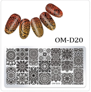 Detail view of OM-D20 nail plate with mandala patterns and finished nail art