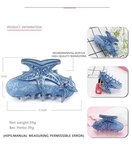 Detail specifications of blue acrylic starfish hair claw clip with rhinestones and measurements