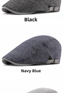 Detail view of cotton linen beret hats with breathable weave and metal side buckles