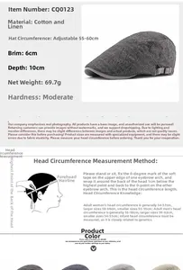 Detail specifications of cotton linen newsboy cap with size and material measurements