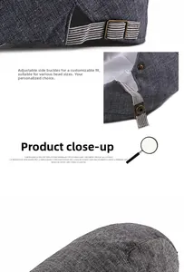 Detail of adjustable metal buckle and striped linen fabric on grey ivy cap