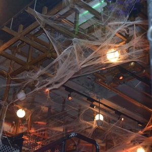 Creepy white synthetic spider web decoration stretched across ceiling wooden beams