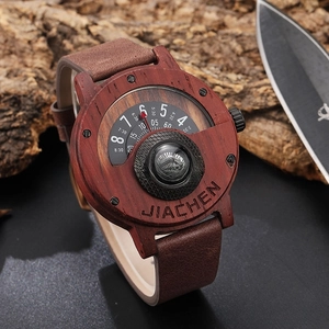 Close-up of red sandalwood watch with rotating dial and integrated compass
