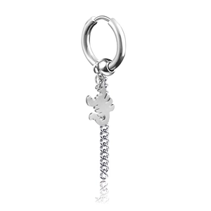Silver stainless steel huggie hoop earring featuring a scorpion pendant and long chain link