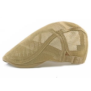 Khaki mesh flat cap with breathable eyelets and adjustable metal buckle for summer wear