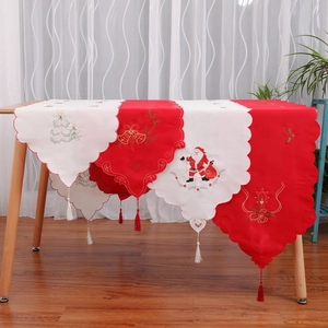 Christmas Table Runner Polyester Embroidered Santa Claus Tree Candle Pattern With Tassel Holiday Home Dining Table Decor