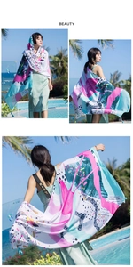 Detail of a lightweight beach wrap scarf with colorful abstract prints and polka dot patterns