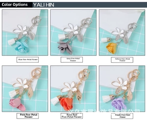 Close-up showing six colorful floral keychains with fabric petals and rhinestone tassels