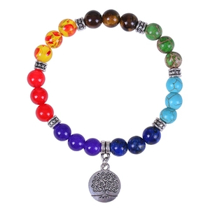 Chakra natural stone bracelet with multi-color beads and silver tree of life charm