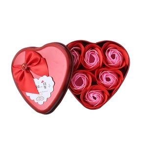 Heart-shaped tin box with 6 pink gradient soap roses and red satin ribbon bow