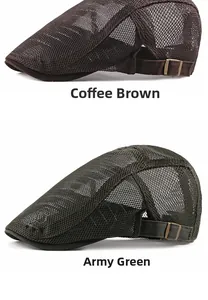 Detail view of mesh beret hats in coffee and army green with adjustable metal buckles