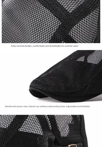 Detail of black mesh beret showing breathable hollow fabric and adjustable metal buckle