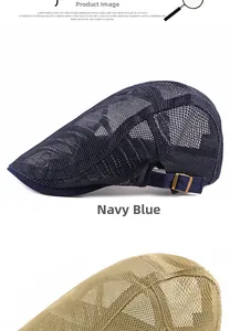 Detail of breathable hollow mesh fabric and adjustable side metal buckle on beret cap