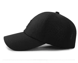 Detailed side view of black breathable mesh baseball cap with laser-cut ventilation holes