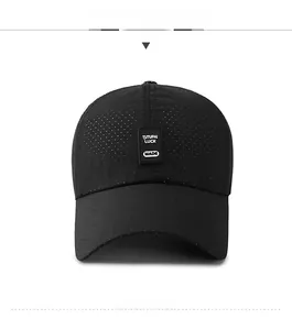 Detail of breathable black mesh baseball cap with white luck made text patch
