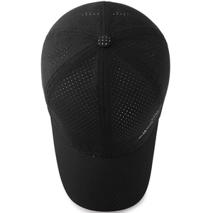 Breathable black quick-dry baseball cap with mesh holes for sun protection and outdoor sports