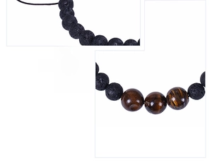 Detail of 8mm volcanic lava and tiger eye stone beads on a hand-woven bracelet